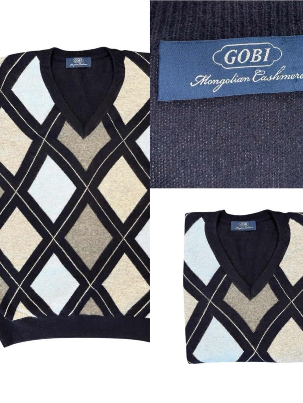 GOBI  Cashmere Argyle V-Neck Sweater-Vest in navy, grey, light blue, charcoal Sm